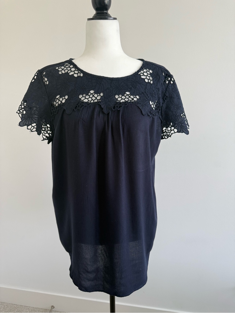 LOFT Navy Crochet Yoke Short Sleeve Blouse